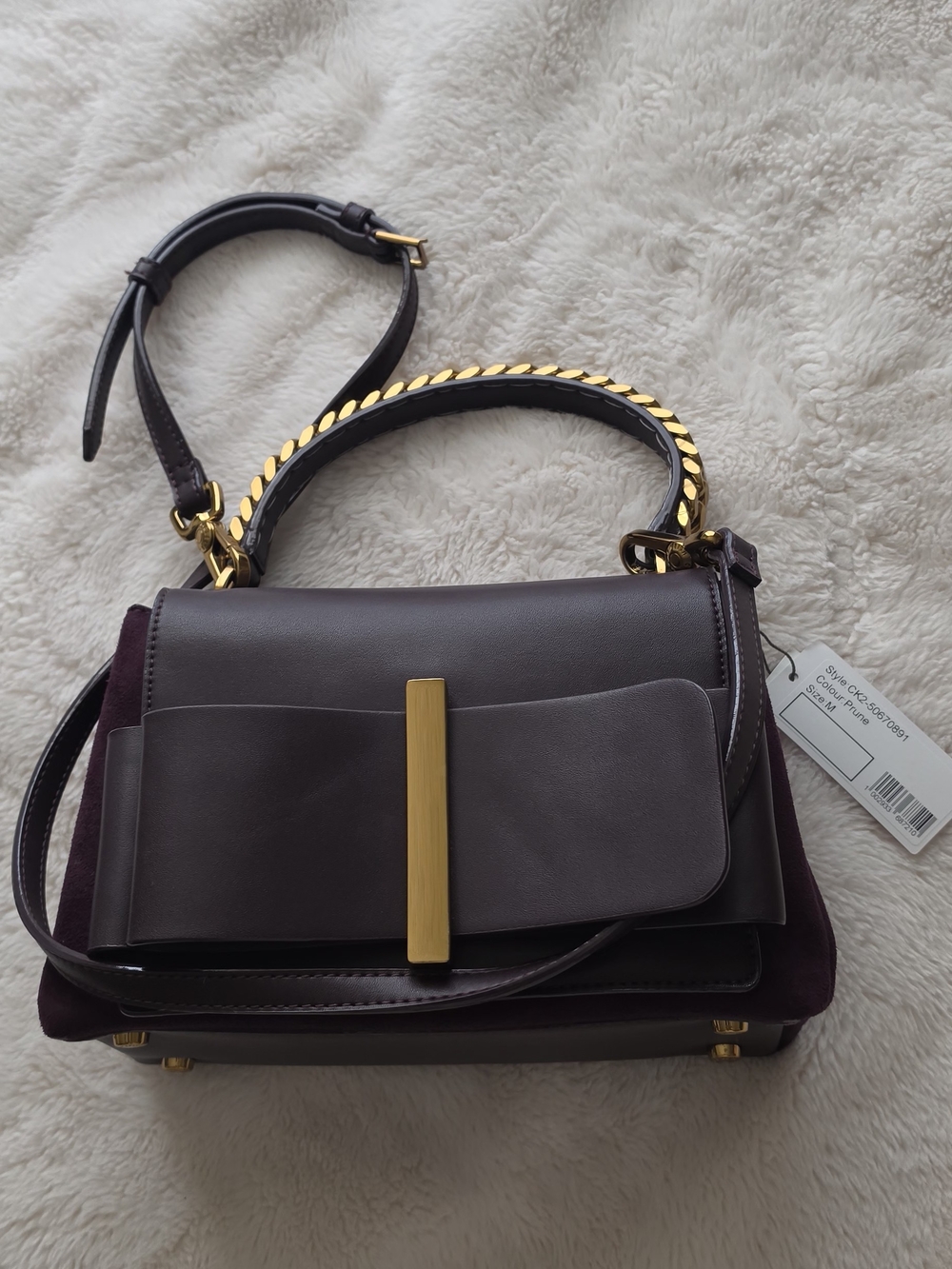 Charles & Kieth Leather Top-Handle Satchel in Deep Plum with Gold Accent